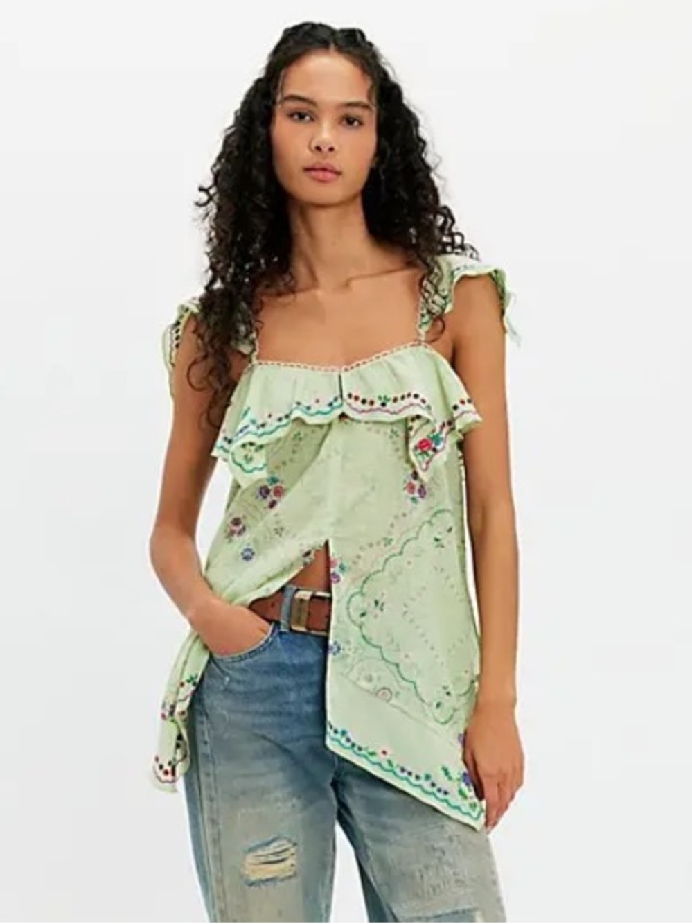 Free People Light Green Embroidered Floral tunic - Picture 3 of 11